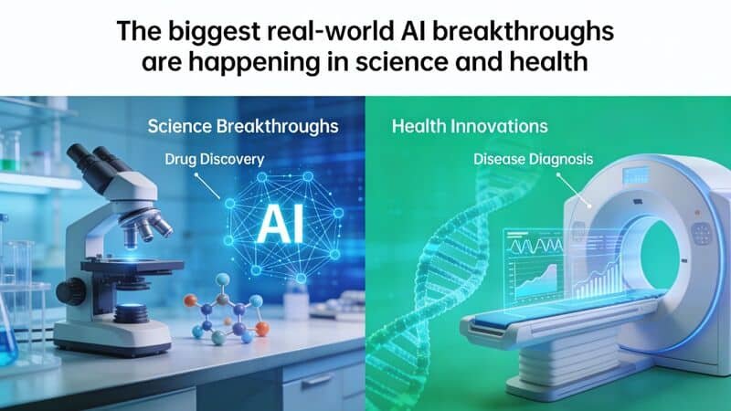 Consumer AI gets the most attention, but some of the most meaningful progress is happening behind the scenes. In science and health, AI is accelerating scientific discovery and achieving medical breakthroughs by helping experts move faster through large, messy sets of data.