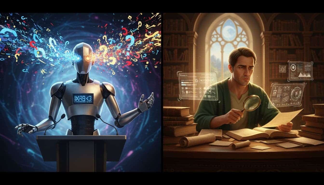 Split image: left side shows a confident robot-like figure answering a question incorrectly amid chaotic question marks, right side depicts a human thoughtfully checking facts. Balanced cinematic composition with strong contrast, depth, and dramatic lighting.