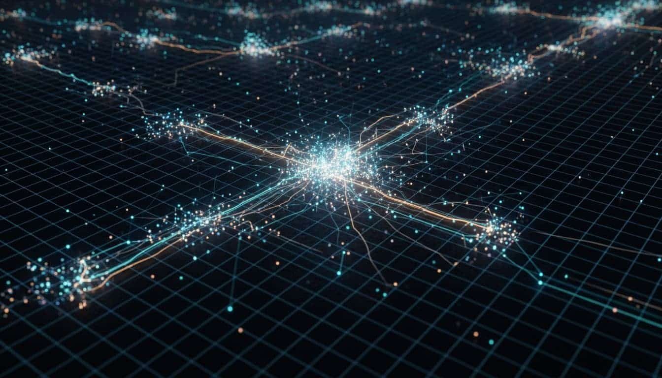 Abstract visualization of AI pattern prediction with glowing neural network nodes connecting data points on a dark grid and data streams flowing into predictions. Cinematic style featuring strong contrast, depth, and dramatic lighting from node glows.