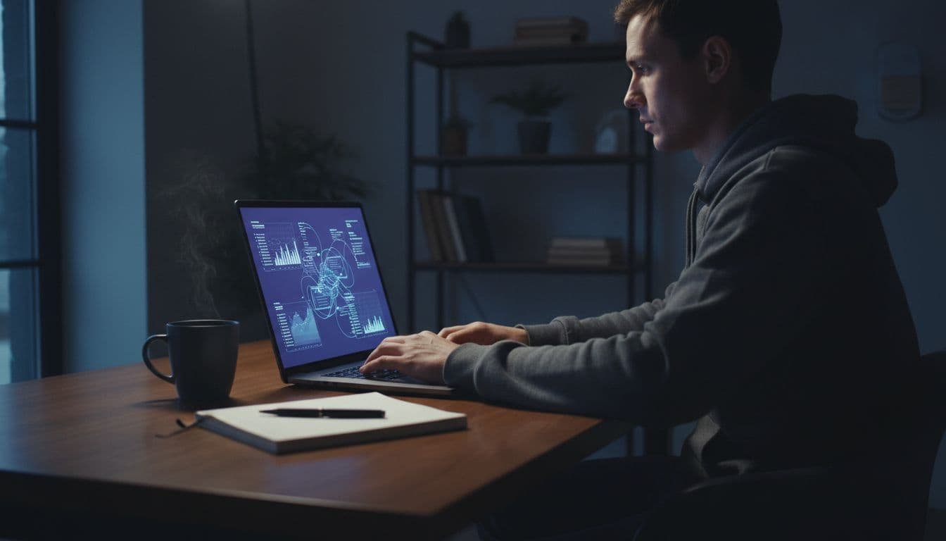 A focused content creator sits at a modern wooden desk in a dimly lit home office, reviewing abstract keyword graphs and search analytics on a laptop screen, with a coffee mug and notebook nearby under dramatic cinematic lighting.