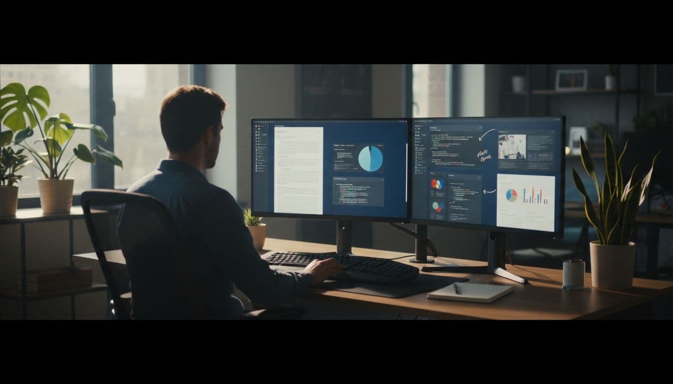 Back view of a content writer at a modern desk editing a blog post on dual monitors, incorporating screenshots, charts, and annotations to enhance an AI-generated draft. Cinematic style with high contrast, dramatic rim lighting, plants, and natural daylight in a landscape composition.