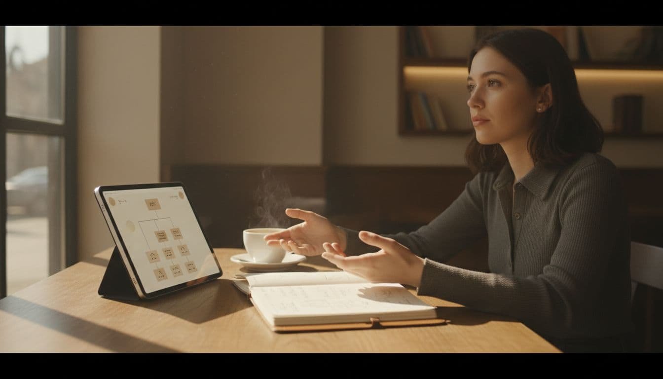 Digital creator works on ebook layout at a sunlit cafe table, tablet displaying document outline at angle, sketchpad with notes and coffee cup beside. Wide composition capturing creative process in cinematic style.