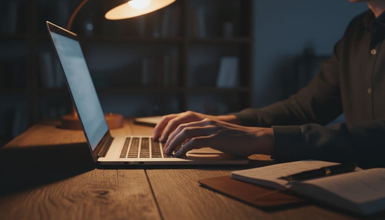 Hands typing a detailed prompt into an AI chat interface on a laptop keyboard in a cozy workspace with warm lamp light, notebook nearby, cinematic high-contrast style focusing on hands.