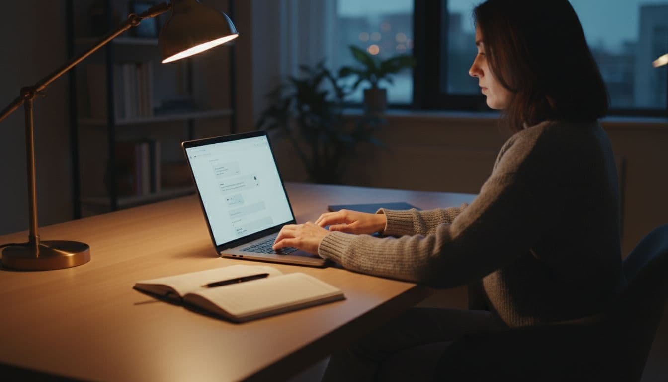 A professional freelancer sits at a clean wooden desk in a home office, laptop screen glowing with an AI chat interface visible, notebook and pen nearby, illuminated by warm lamp light.