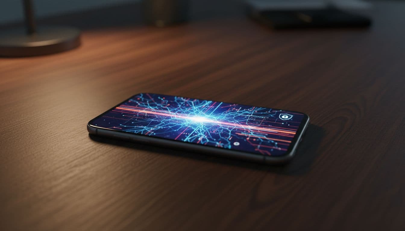 Smartphone lying flat on textured wooden surface, screen glowing with neural network patterns and speed lines indicating fast on-device AI processing, subtle privacy shield icon, warm desk lamp lighting, cinematic style.