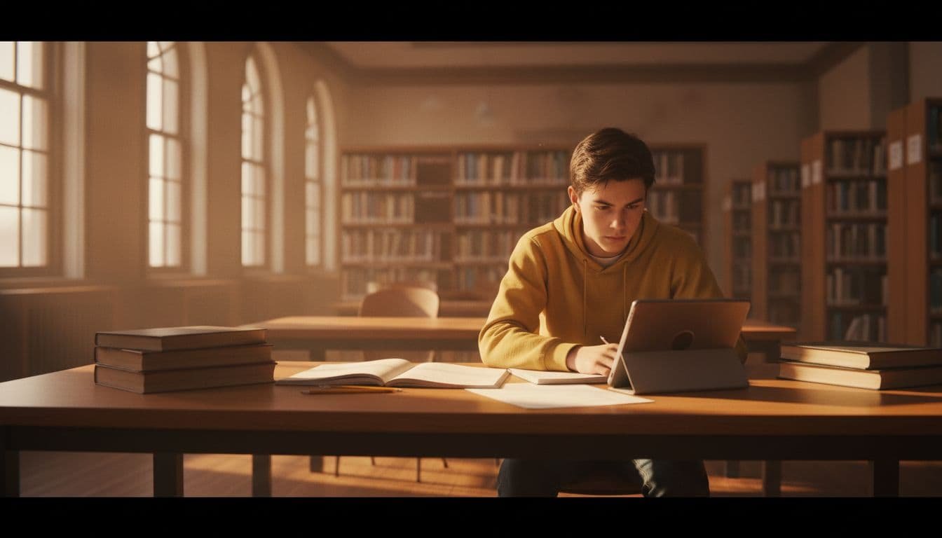 Student works intently at a desk in a bright school library using a tablet for personalized math practice, surrounded by books and notebook, cinematic style with dramatic lighting and warm tones.