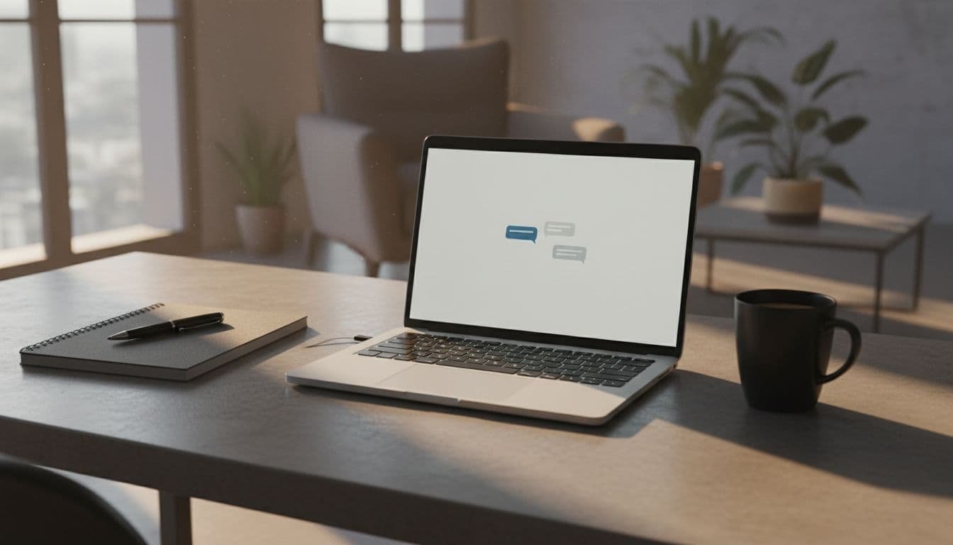 Modern home office desk with open laptop displaying a simple chat interface, notebook with pen, and coffee mug; cinematic style with dramatic warm side lighting and long shadows, realistic details, no people or text.