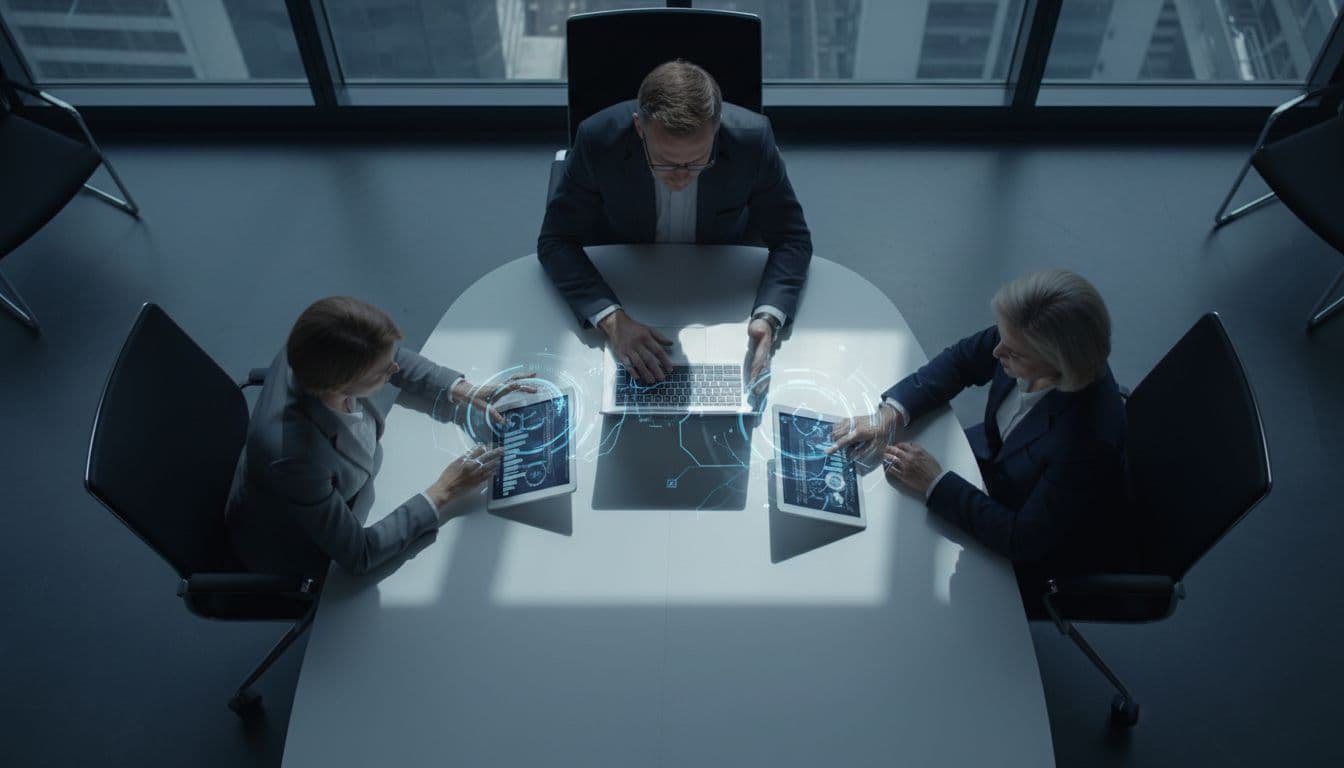 Three diverse professionals collaborate around a conference table, reviewing blurred digital charts on tablets and laptops with subtle AI analytics overlays in a modern open office, viewed from above with cinematic style.