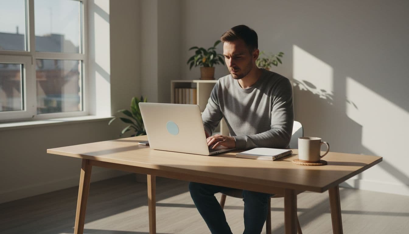 A focused beginner freelancer works at a modern home office desk with a laptop open to an AI chat for scripting social media videos, notebook and coffee nearby, cinematic side lighting.