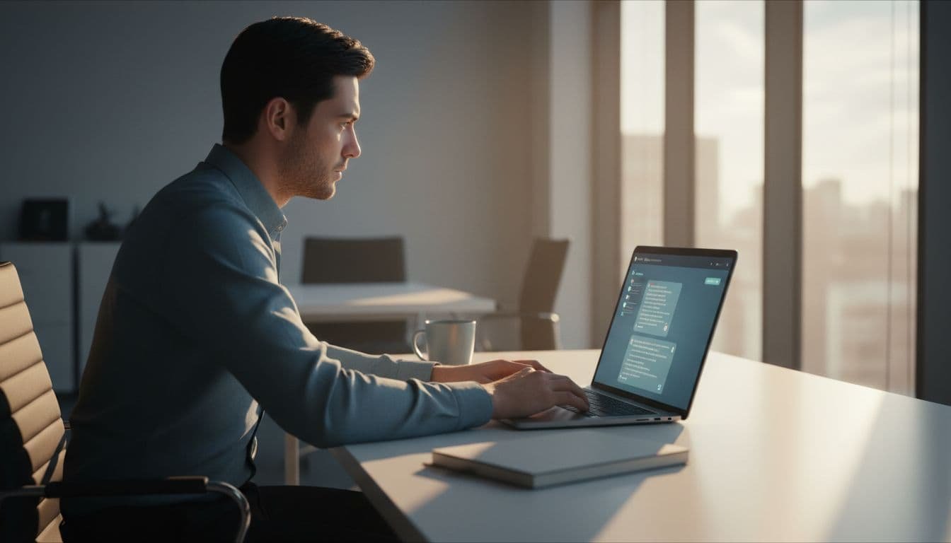 Exactly one office worker at a modern desk in a sunlit office focuses on a laptop screen with a blurred AI chat interface, hands relaxed on keyboard, coffee mug and notebook nearby, cinematic side profile with screen glow and dramatic window lighting.