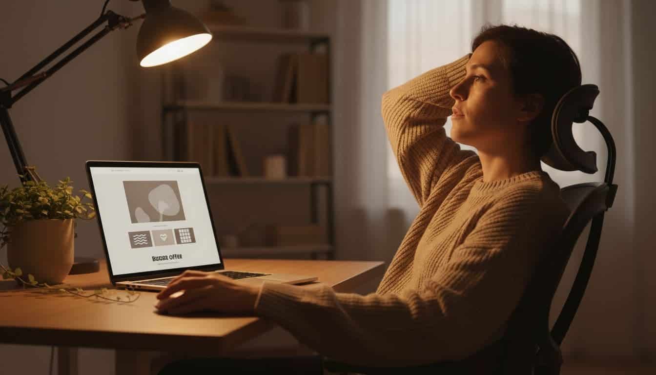 A single freelancer leans back in a cozy workspace, viewing a simple one-page portfolio on a laptop screen with blurred thumbnails of blog posts and social media samples. The desk features a mouse and plant, captured in cinematic style with dramatic warm lighting, strong contrast, and depth.