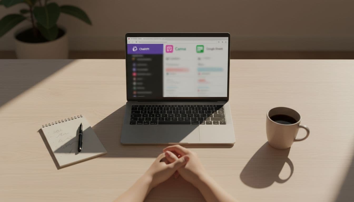 A single beginner at a minimalist home office desk with laptop showing blurred ChatGPT, Canva, and Google Sheets tabs, notepad with pen, and one coffee mug under dramatic overhead lighting.