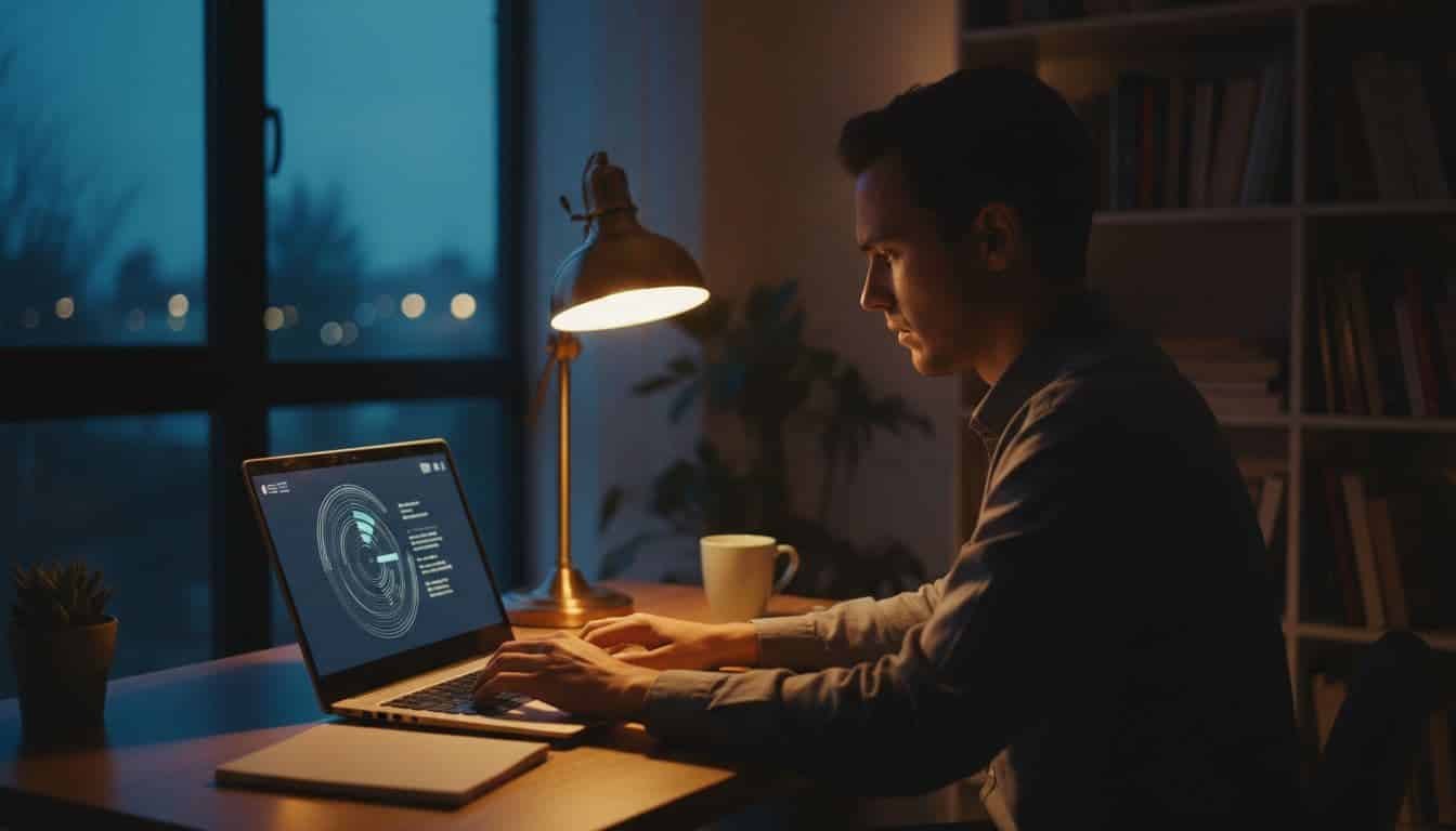A person sits intently at a desk working on a laptop with an AI tool open, featuring a thoughtful expression in a cozy evening workspace with soft screen glow and dramatic lighting.